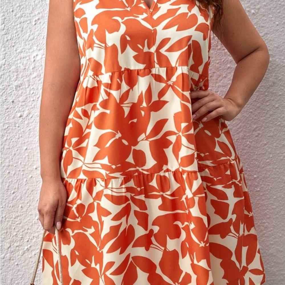 Orange Leaf Print Sleeveless Dress